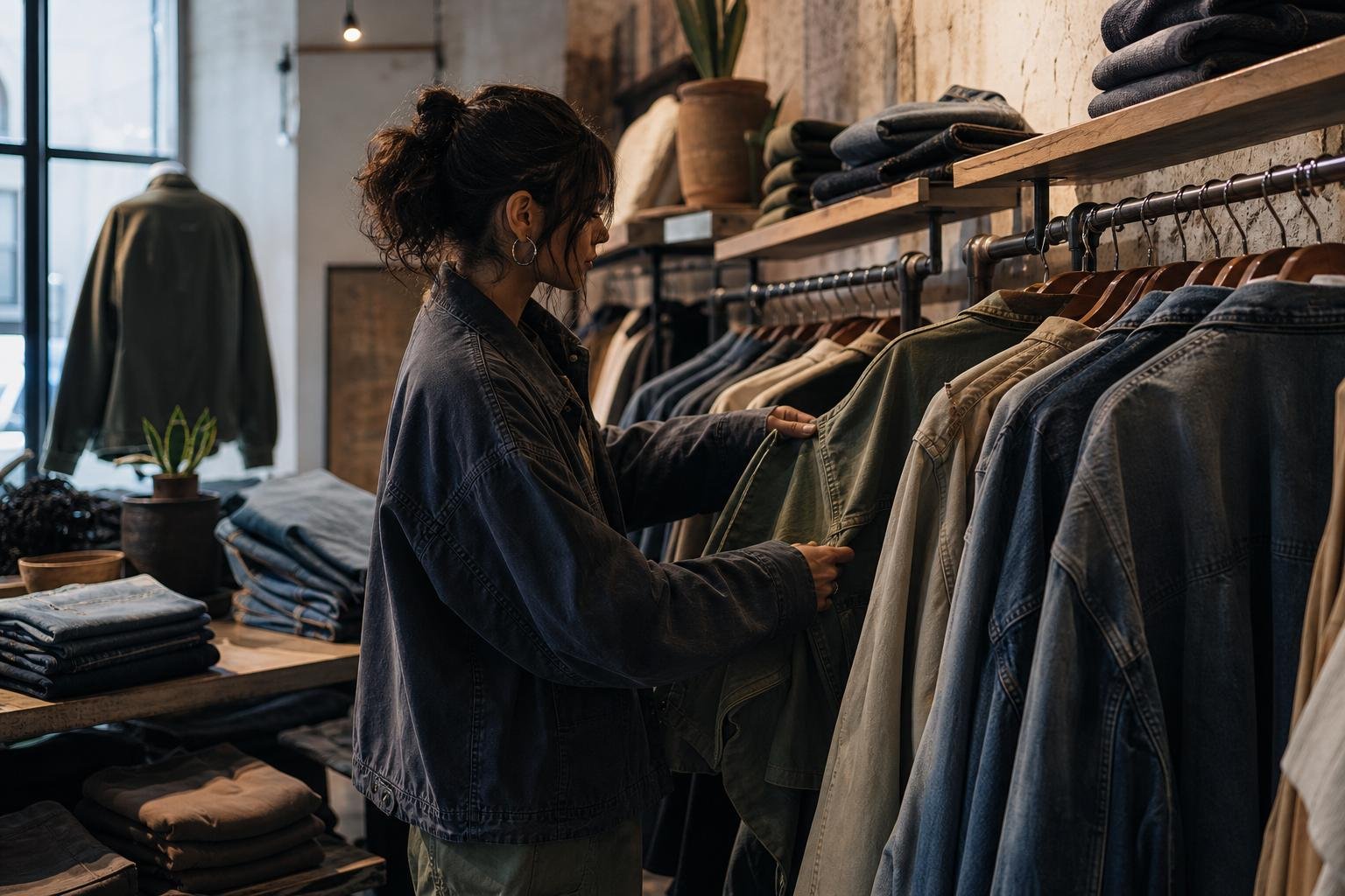Adult shopper comparing oversized jackets and denim on clothing racks in a boutique