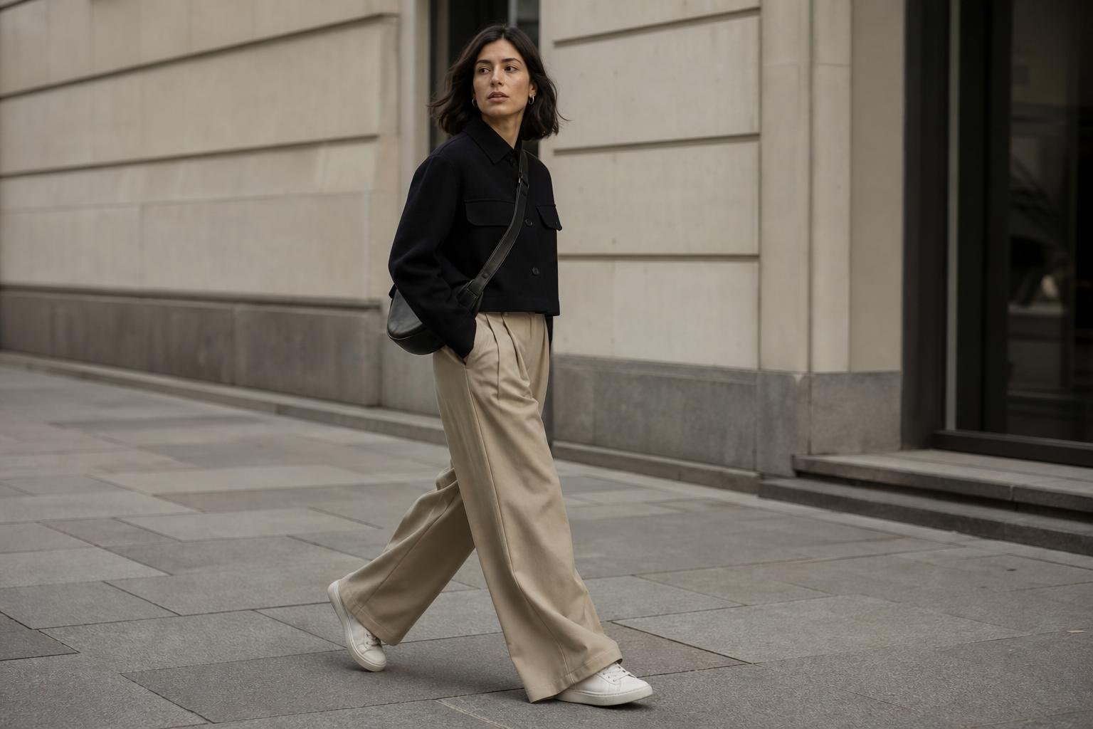 Street-style outfit with wide-leg trousers, a cropped jacket, and practical crossbody bag