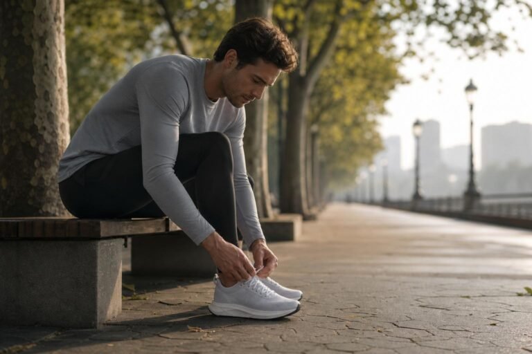 Runner tying laces on modern running shoes beside a tree-lined urban path