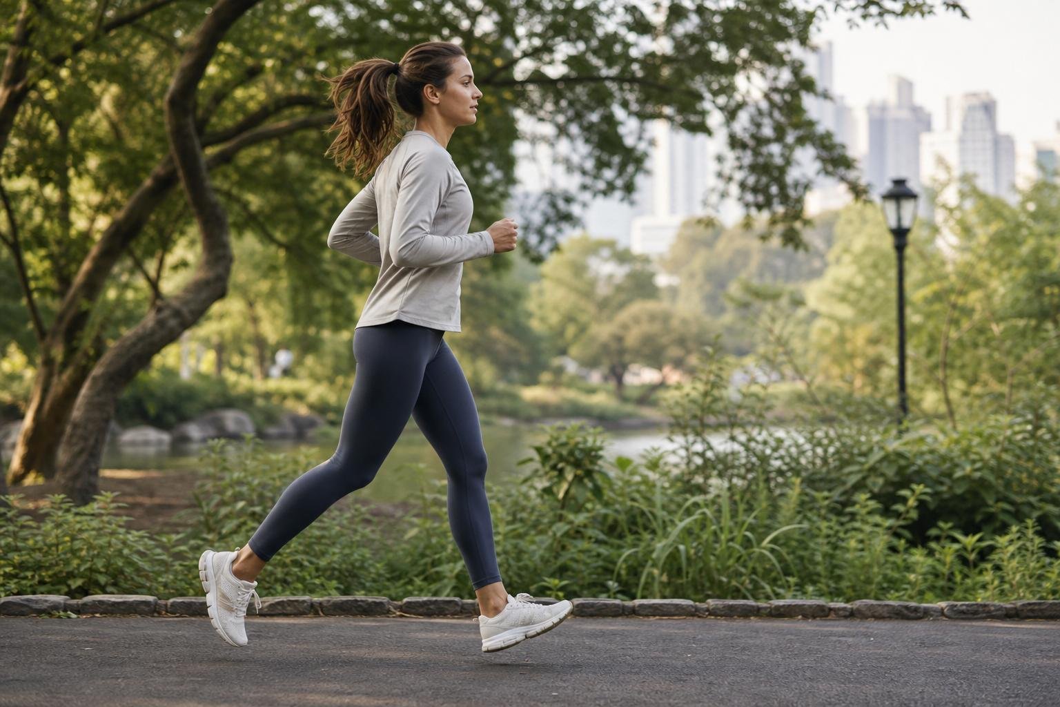 Adult runner jogging on a paved park path in comfortable daily running shoes