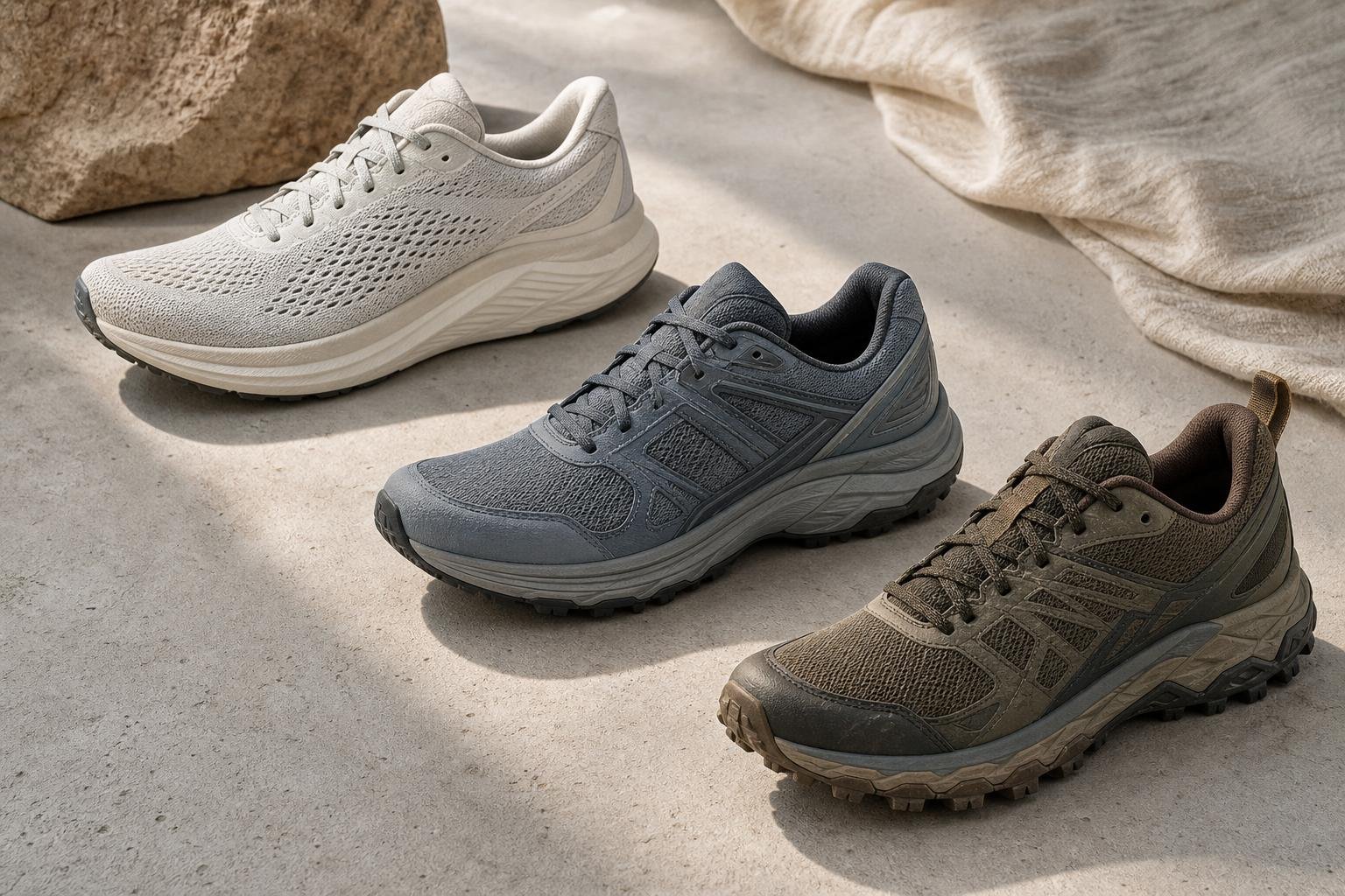 Close view of several unbranded running shoe styles arranged on a studio floor