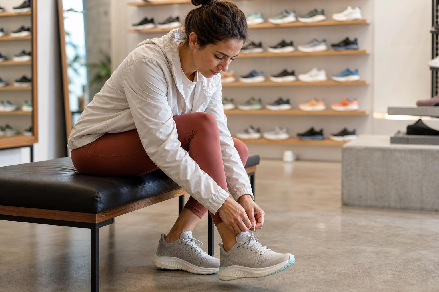 Runner checking toe room and lacing fit while trying on running shoes in a bright shop