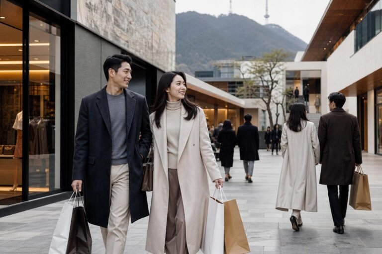 Stylish shoppers walking through a modern open-air fashion retail center in Seoul
