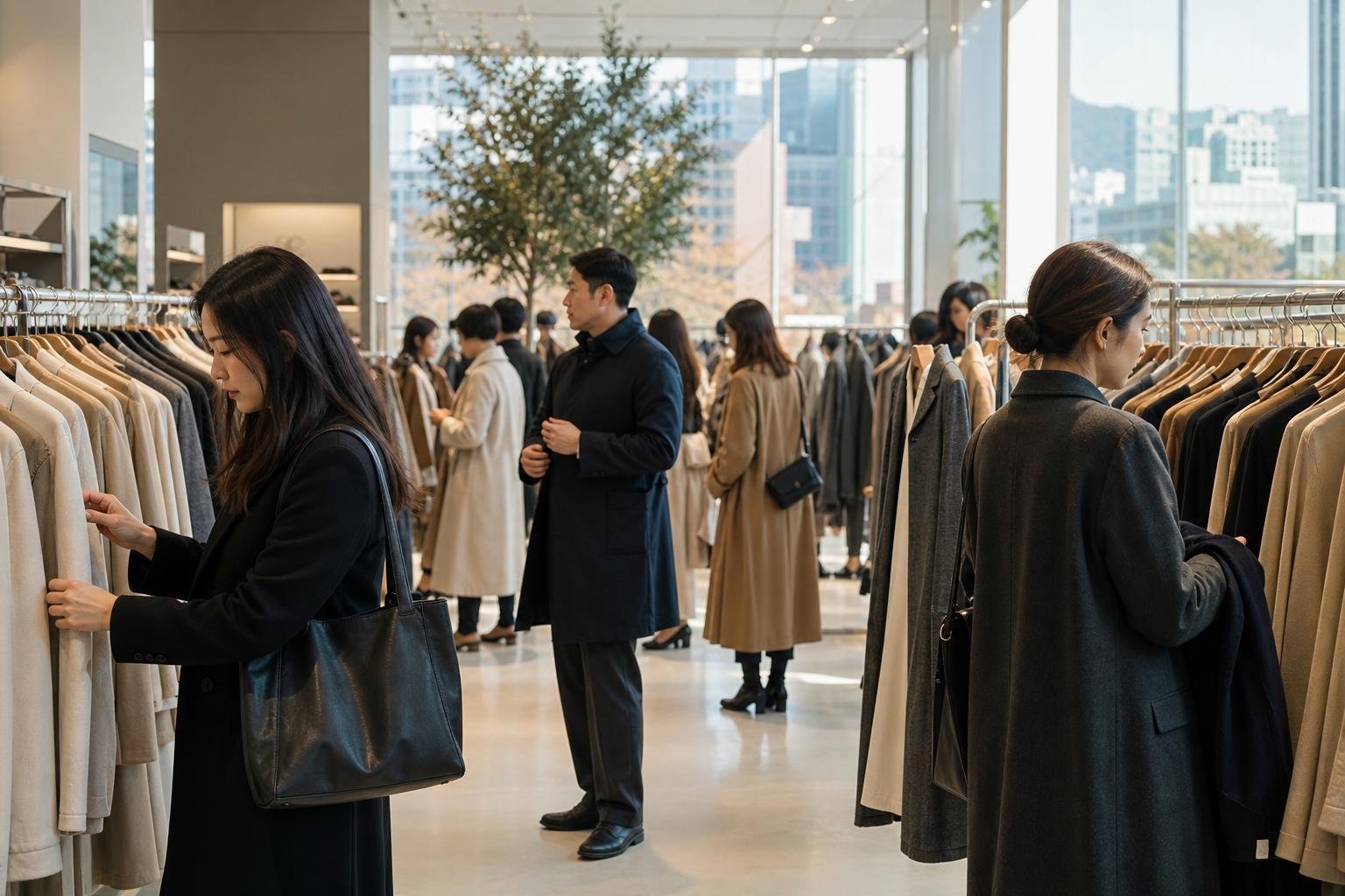 Shoppers browsing designer outlet seoul clothing racks in a bright contemporary fashion store