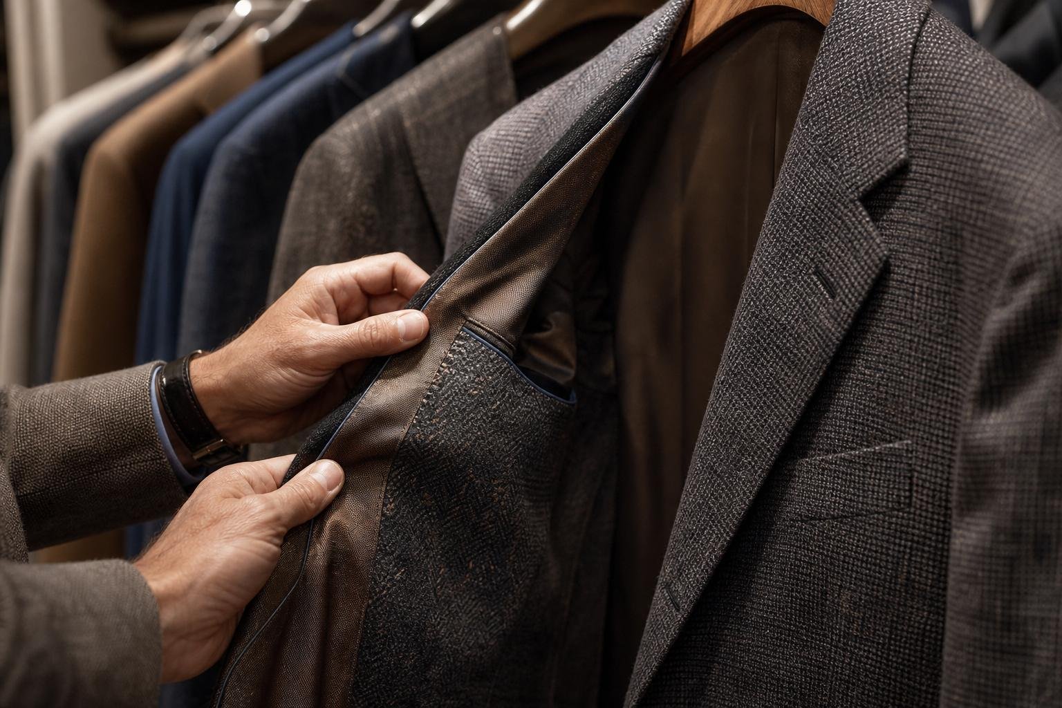 Close view of a shopper examining stitching and fabric on a tailored wool jacket