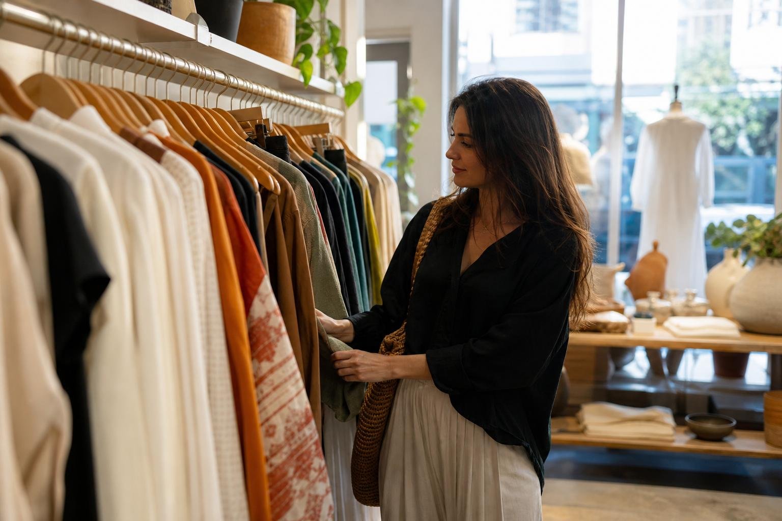 Stylish shopper browsing a curated clothing rack in a bright local boutique