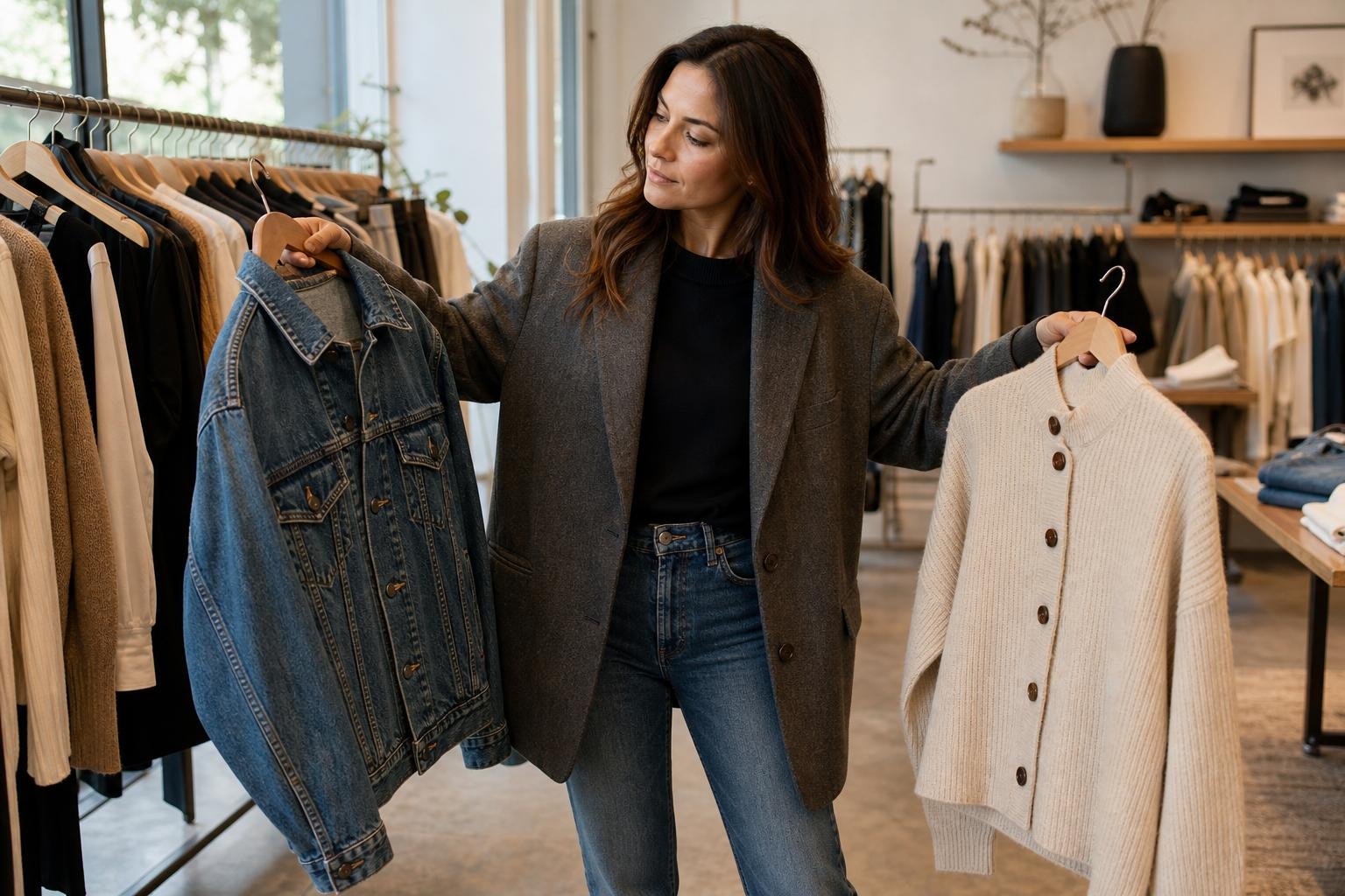 Shopper comparing garments while searching clothing shops near me in a modern local boutique
