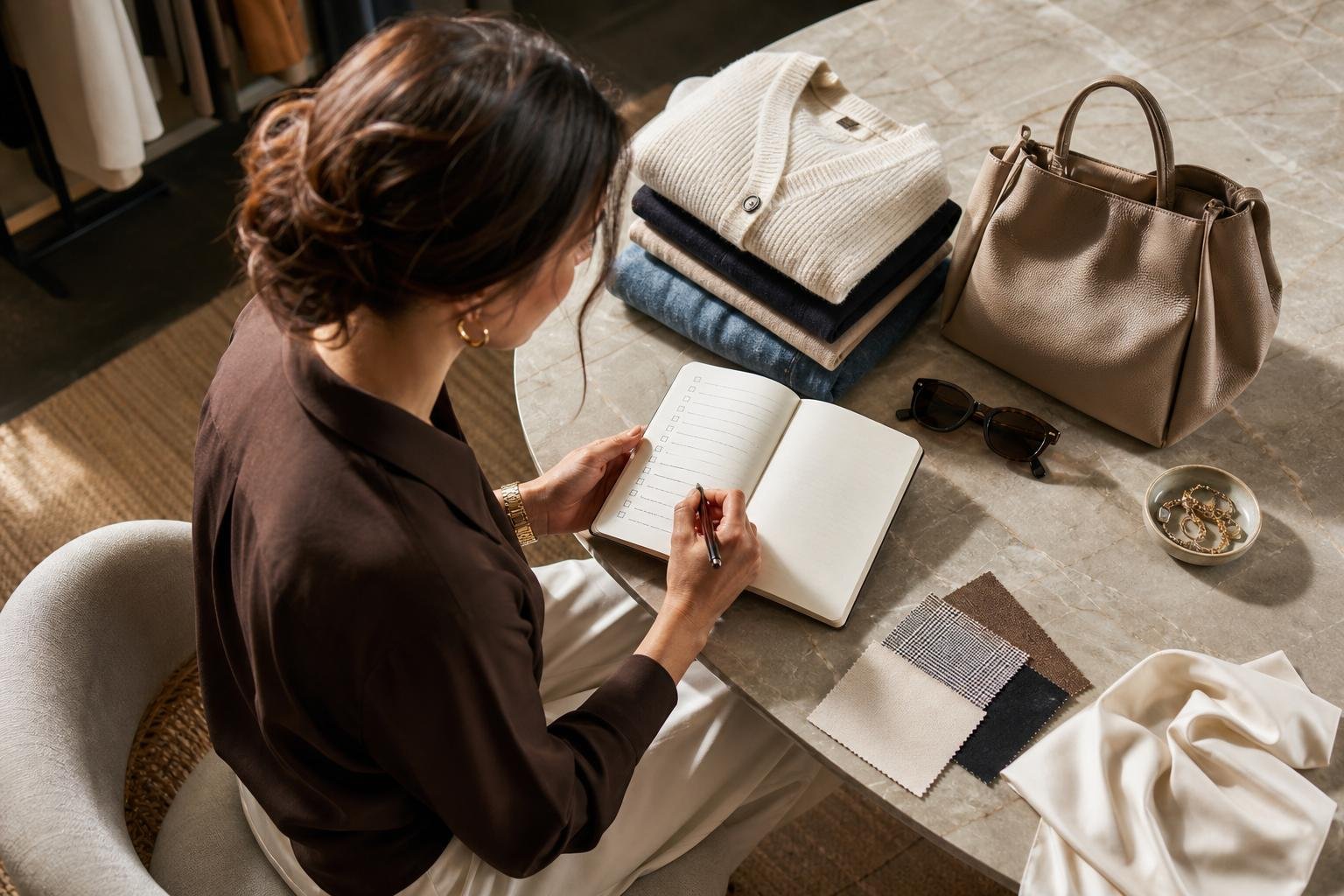Shopper reviewing a wardrobe checklist beside folded clothes and a neutral handbag