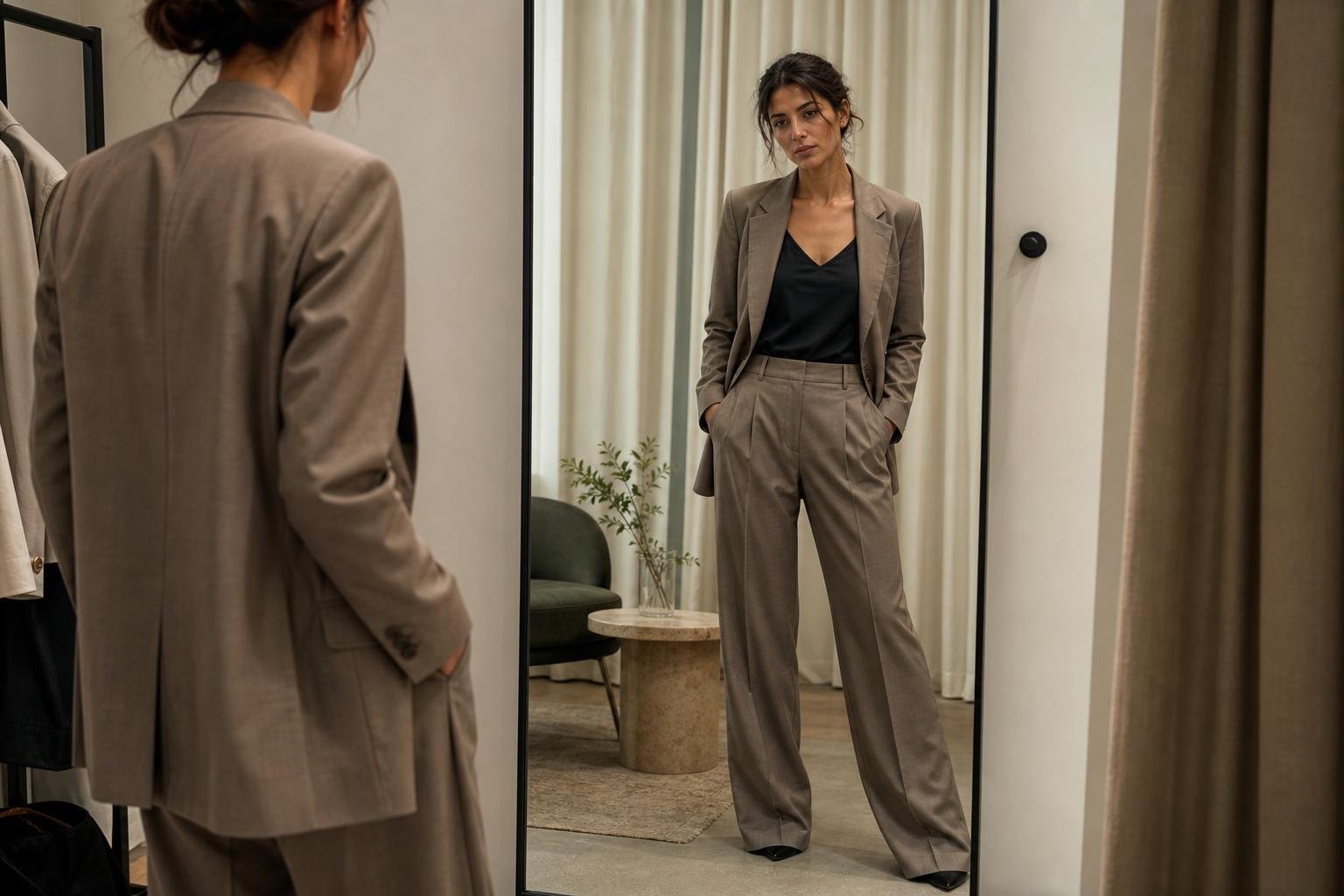 Adult checking the fit of tailored trousers in a fitting-room mirror