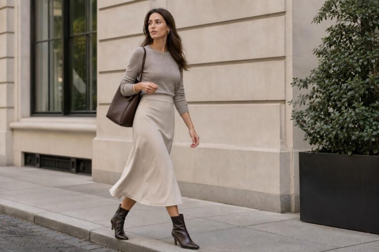 Woman in a neutral midi skirt and knit top walking through a bright city street