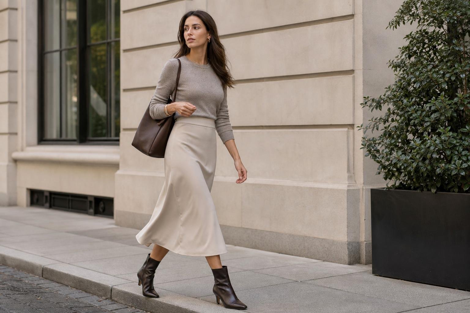 Woman in a neutral midi skirt and knit top walking through a bright city street