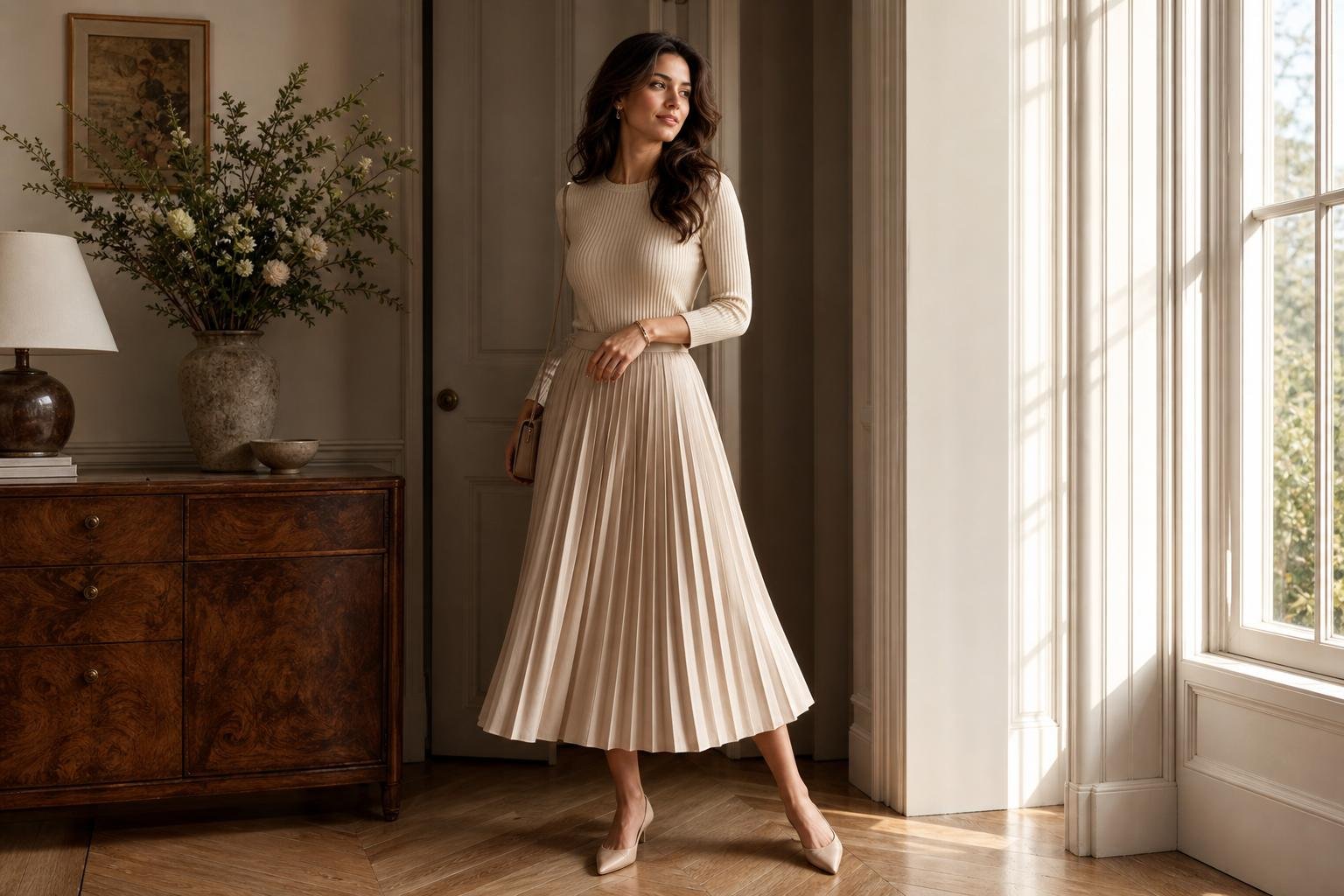 Skirt outfit ideas for women shown with a pleated midi skirt, fitted knit top, and pointed flats