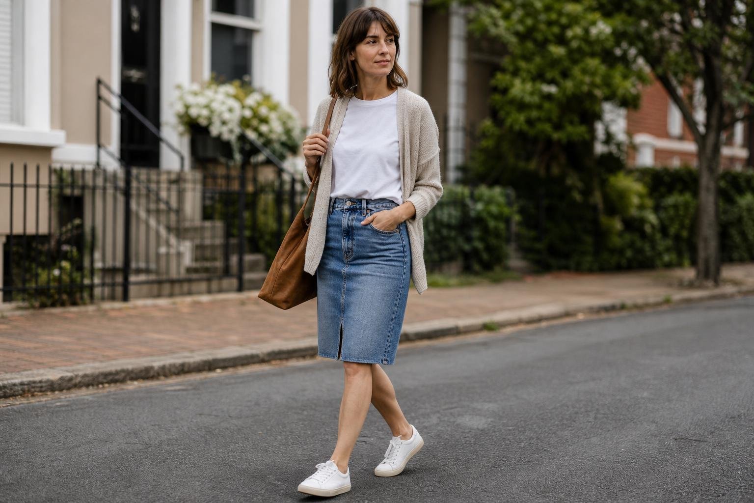 Casual denim midi skirt styled with a white T-shirt, cardigan, and clean sneakers