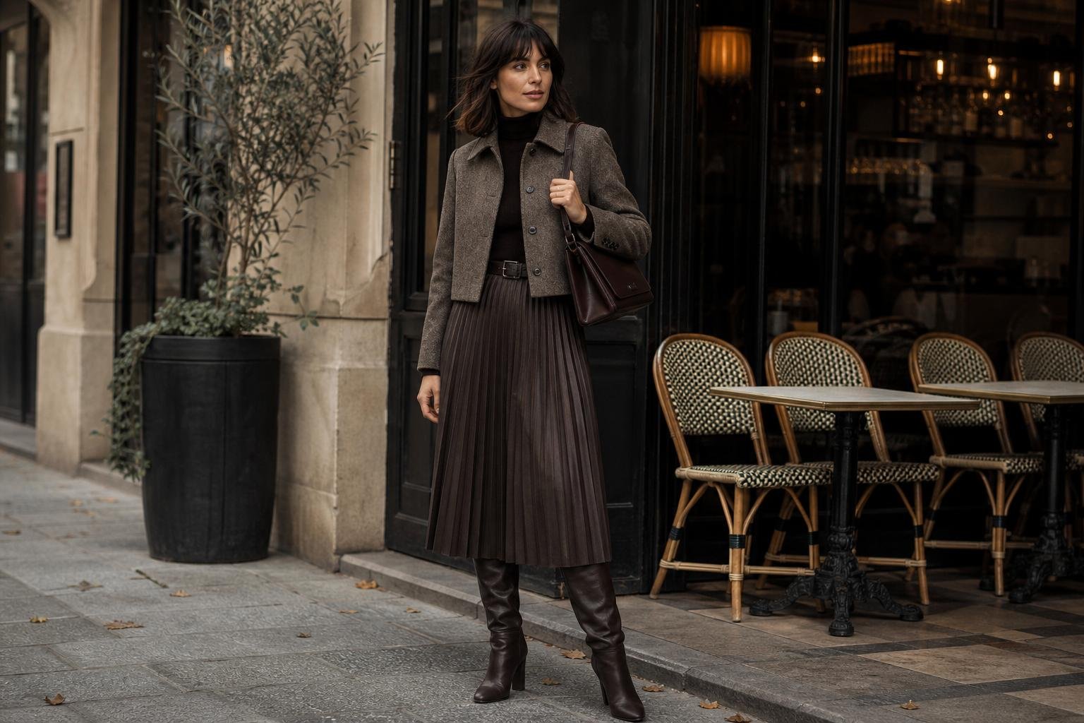 Pleated skirt paired with tall boots and a structured shoulder bag in cool weather