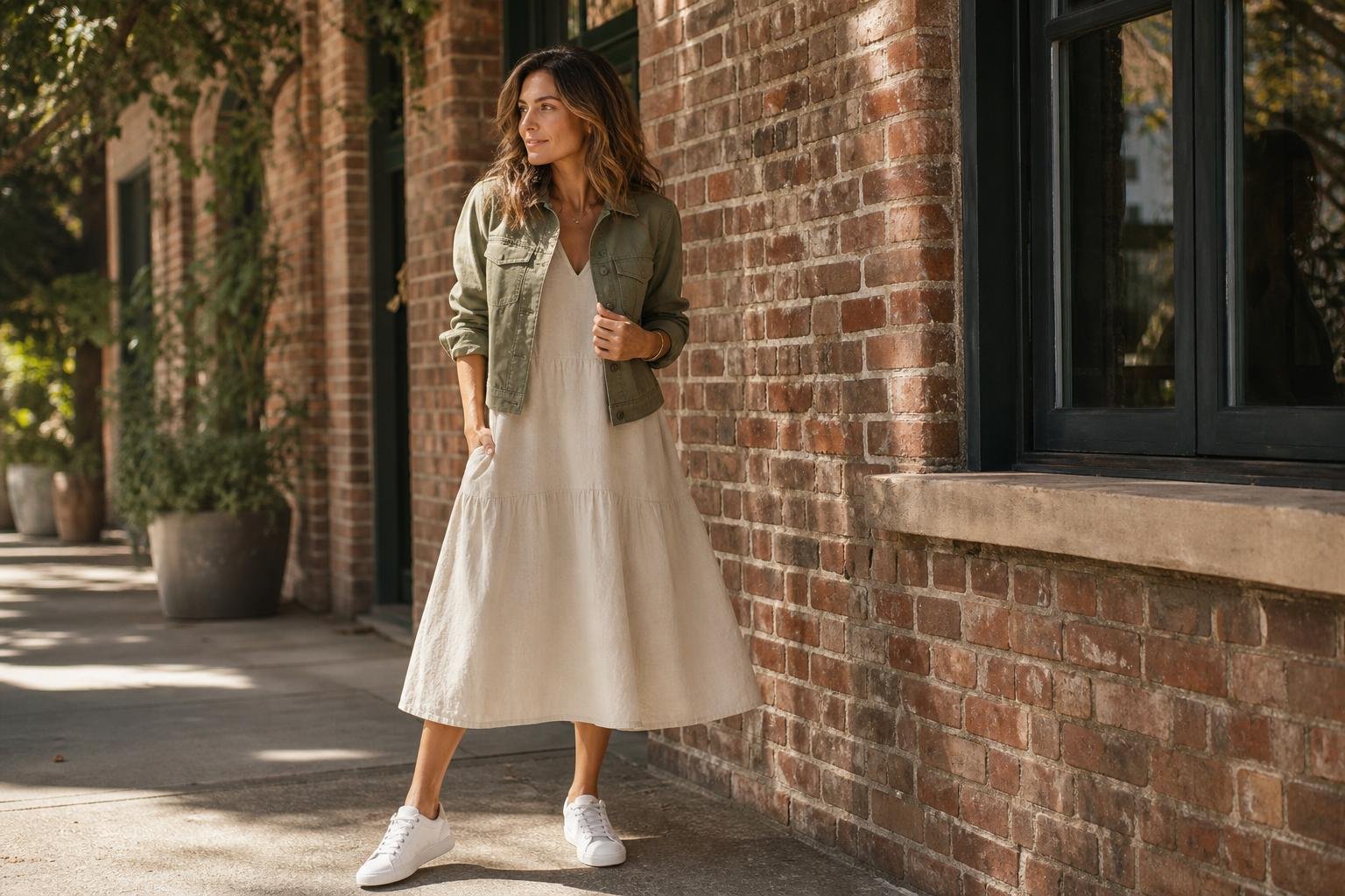 Dress outfit ideas pinterest inspiration shown through a woman in a casual midi dress, sneakers, and cropped jacket