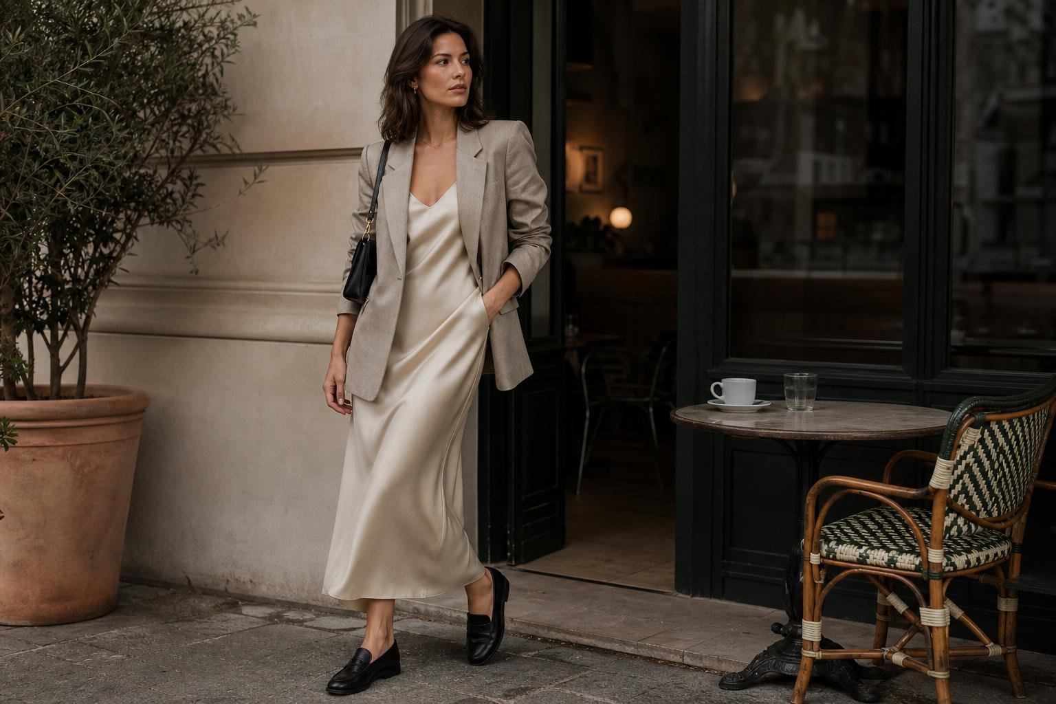 Satin slip dress layered under a tailored blazer with loafers and a small shoulder bag