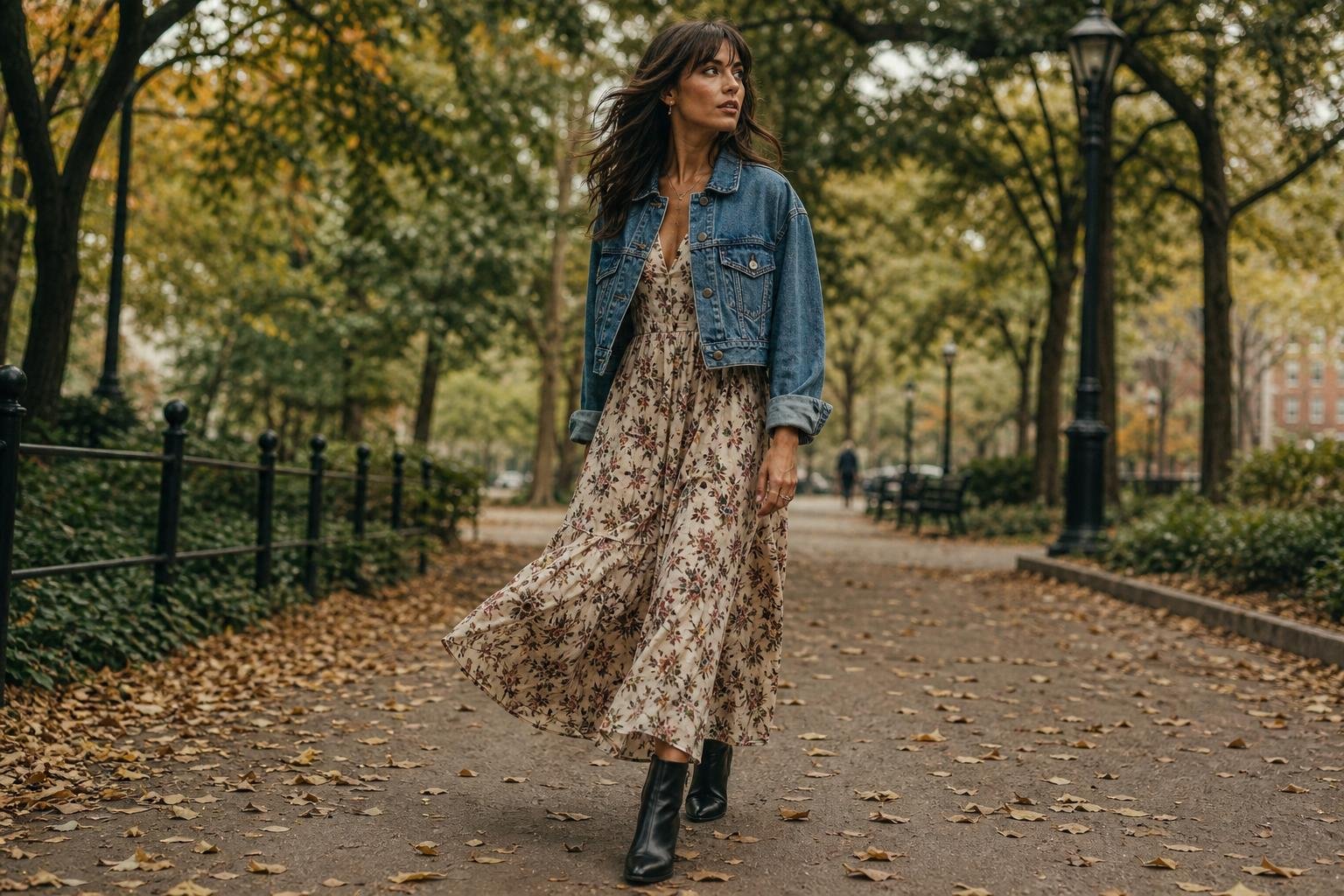 Floral maxi dress styled with a cropped denim jacket and ankle boots in an outdoor setting