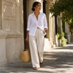 Woman in a white linen shirt and wide-leg trousers walking along a sunny city street