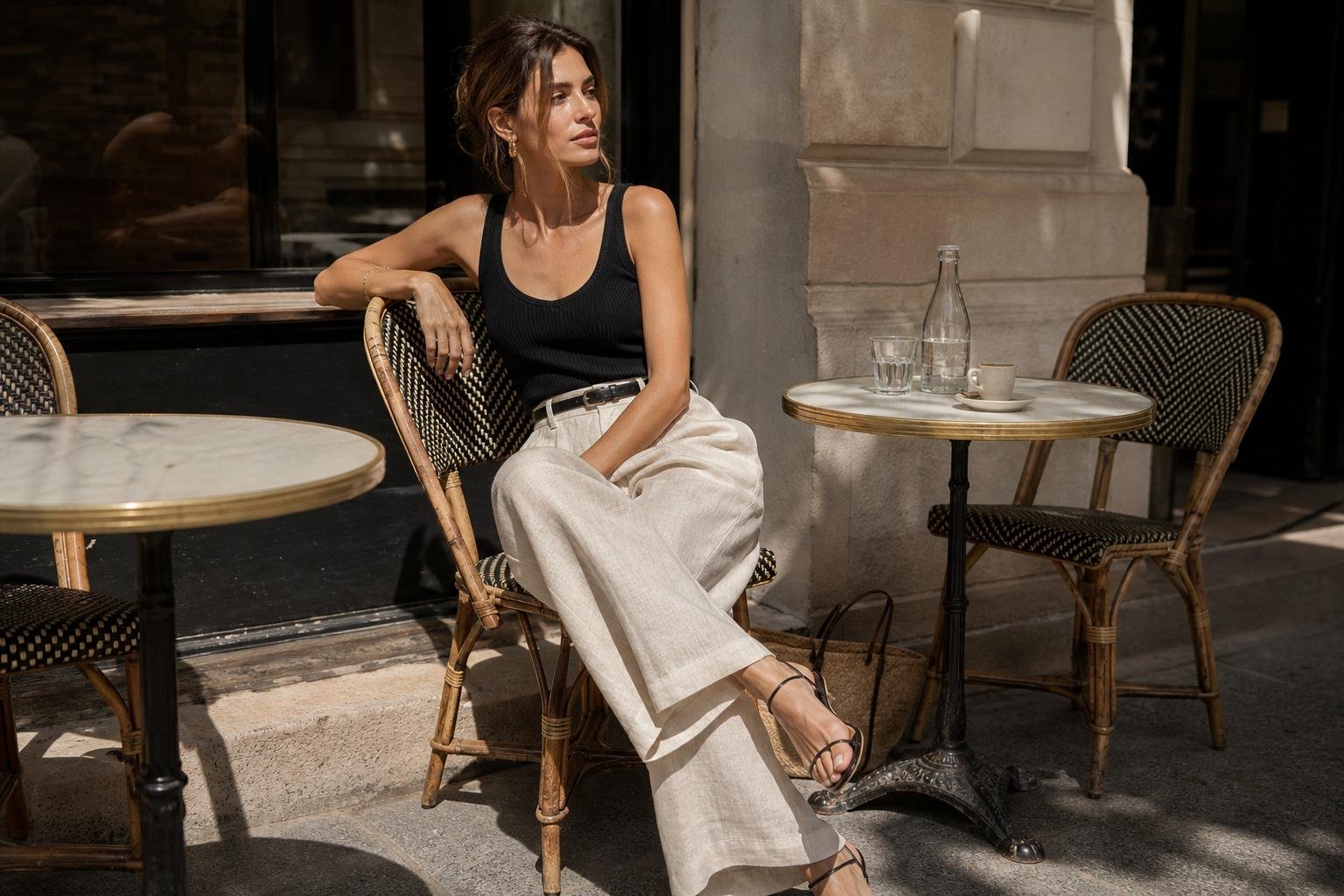 Woman wearing lightweight wide-leg trousers with a fitted tank and minimal sandals