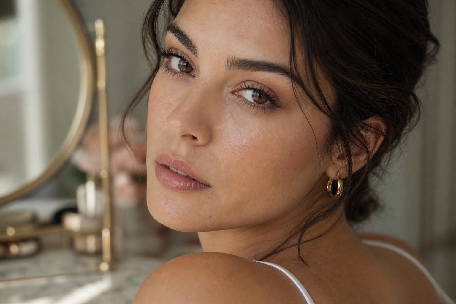 Close-up beauty portrait of a woman with naturally curled, defined lashes and soft neutral makeup