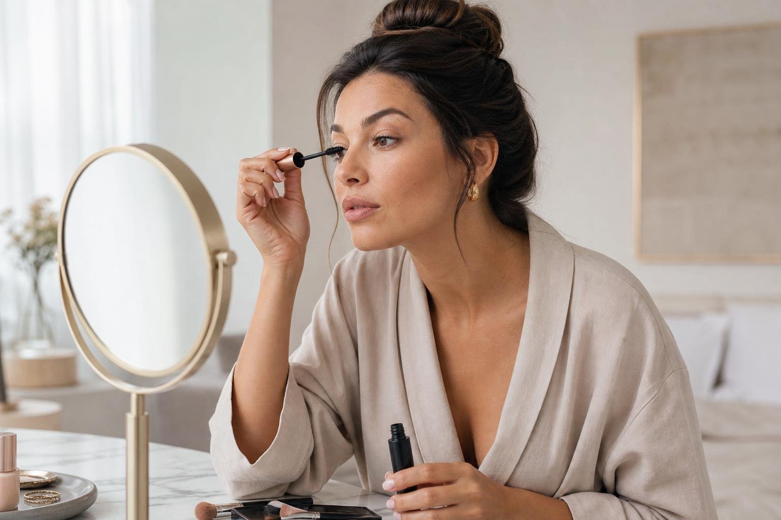 Woman with lifted lashes applying mascara, illustrating can you wear mascara with a lash lift