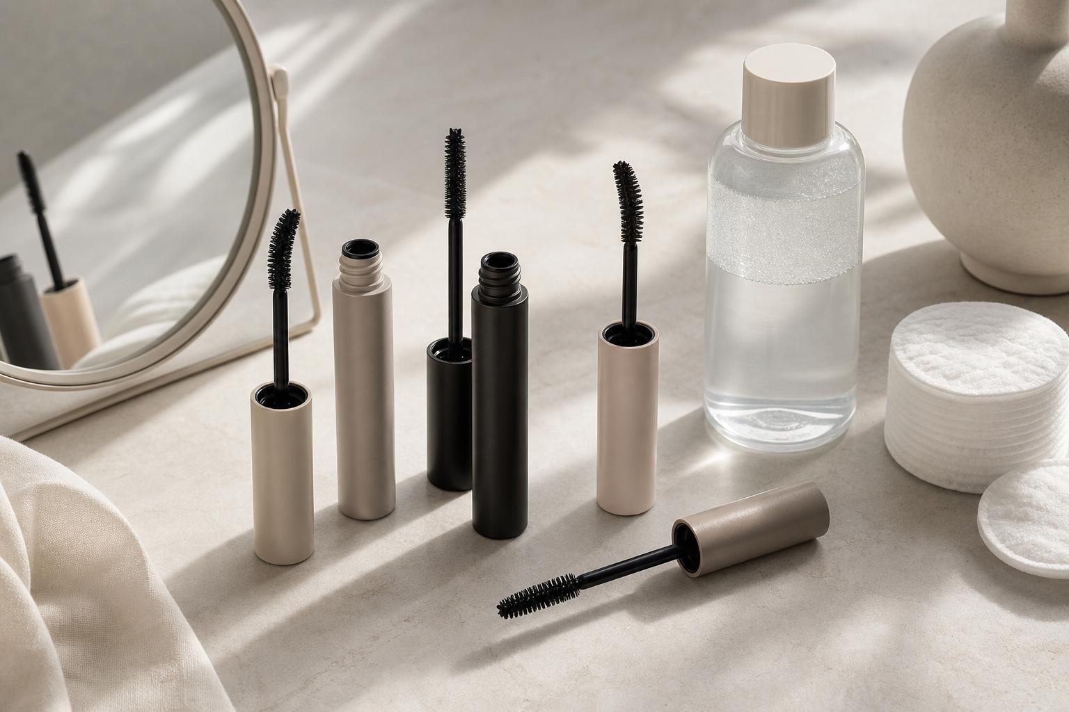 Three mascara wands and gentle eye makeup remover arranged on a pale stone vanity