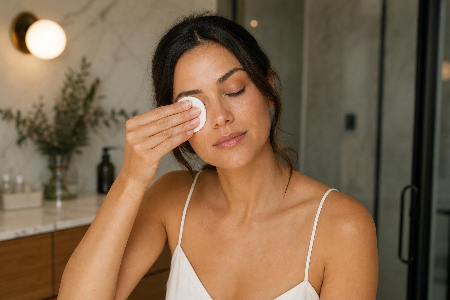 Woman gently removing eye makeup with a soft cotton pad at a bathroom mirror