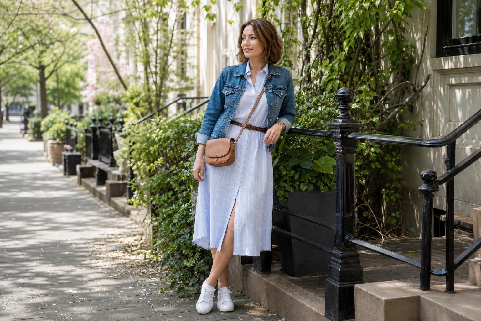 Outfit ideas for women featuring a shirt dress, denim jacket, and white sneakers