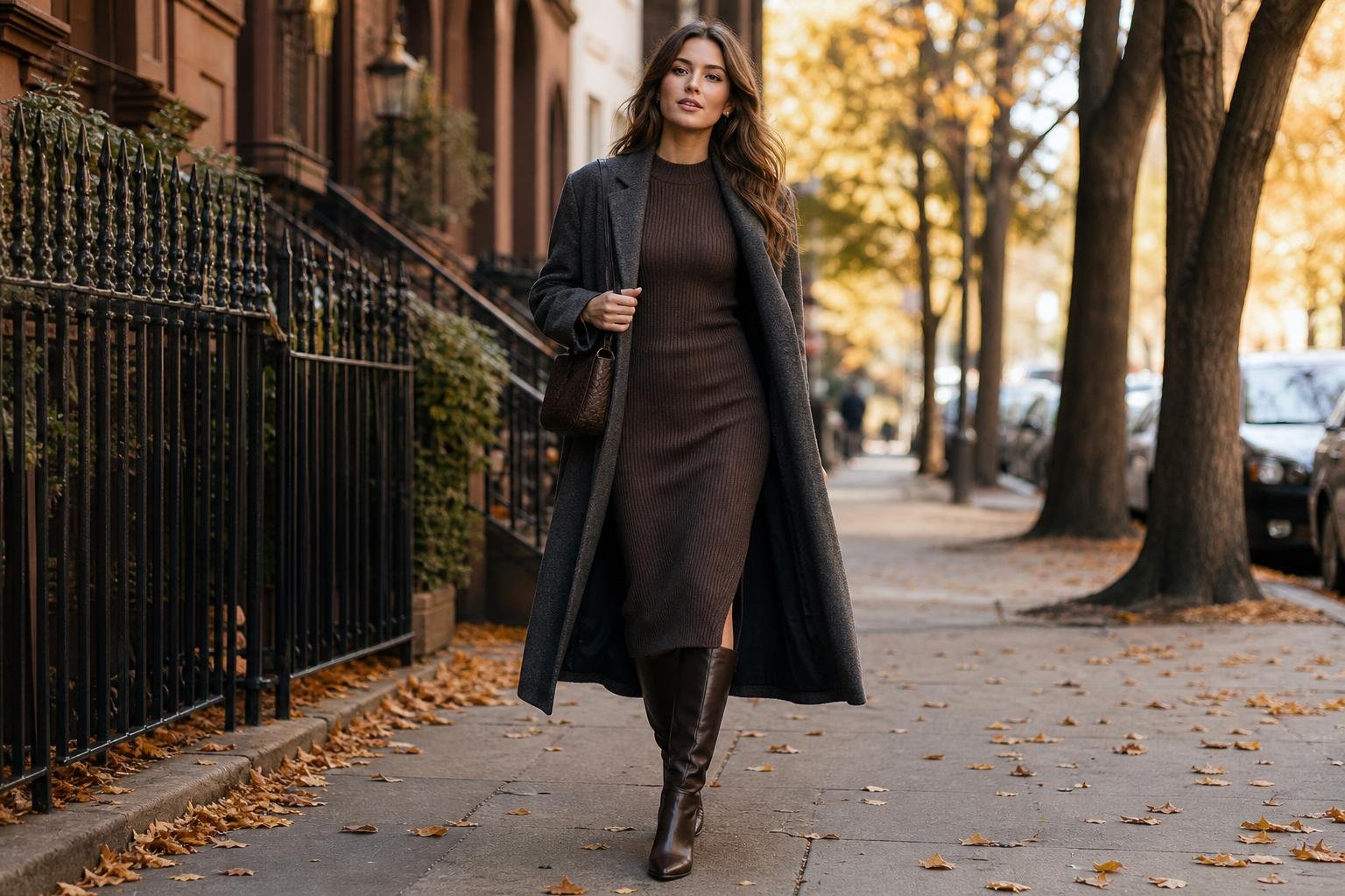 Ribbed knit midi dress with knee-high boots and a long coat
