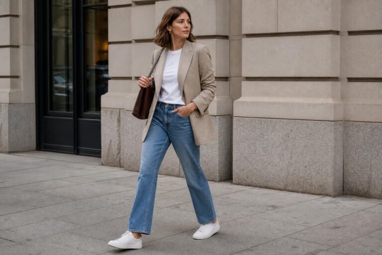 Woman in a neutral blazer, straight-leg jeans, and clean low-top sneakers walking on a city sidewalk
