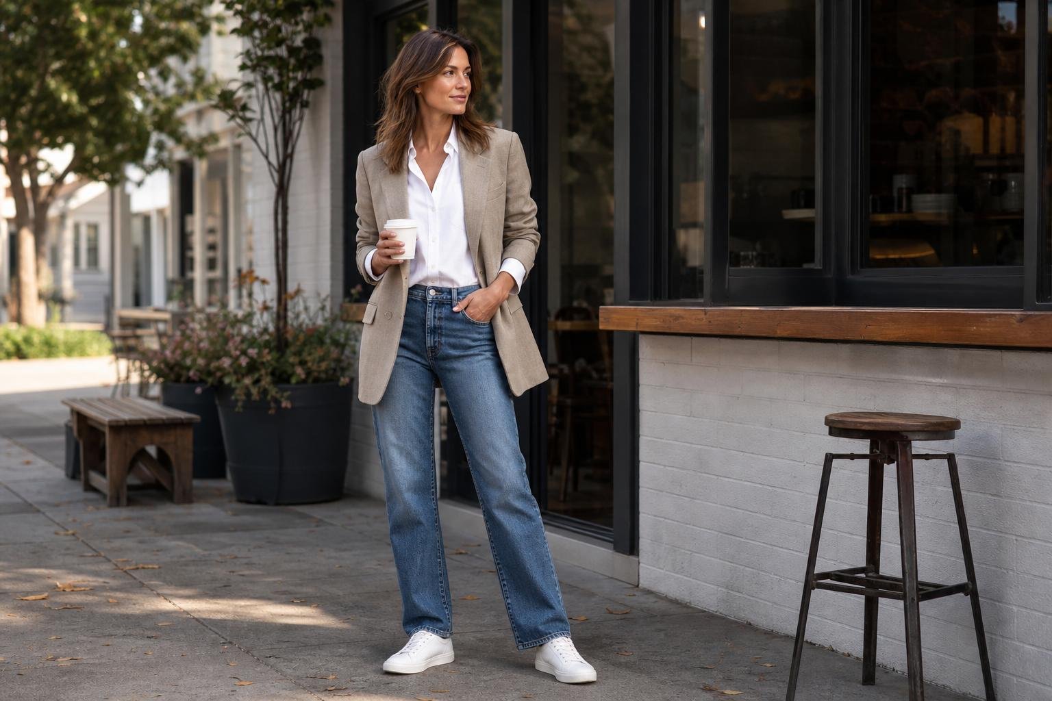 Sneaker outfit ideas women can wear with straight-leg jeans, a white shirt, and a relaxed blazer