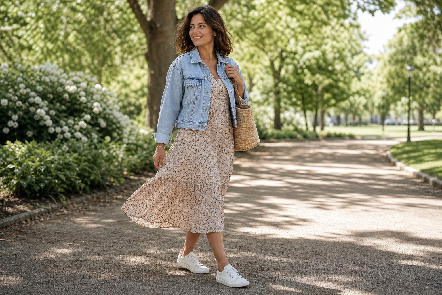 Adult woman styling a flowing midi dress with simple low-top sneakers and a denim jacket