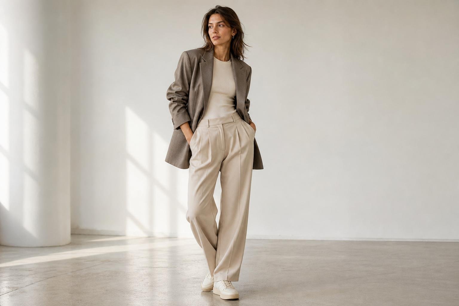 Tailored trousers and a blazer paired with neutral leather sneakers in a bright studio