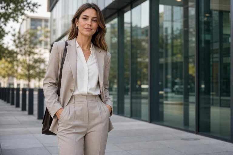 Woman in a neutral tailored blazer and trousers standing outside a modern office building