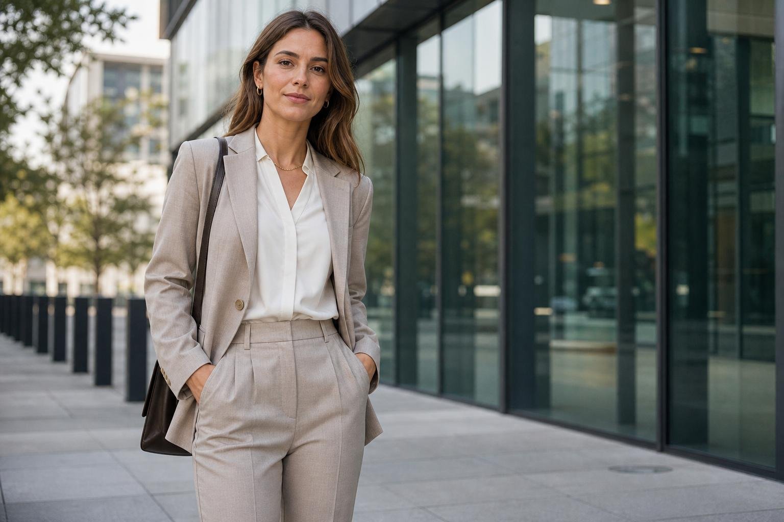 Woman in a neutral tailored blazer and trousers standing outside a modern office building
