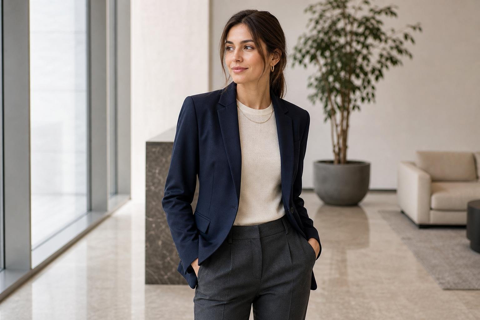 Professional interview outfit ideas women can wear, featuring a navy blazer, ivory knit top, and tailored trousers