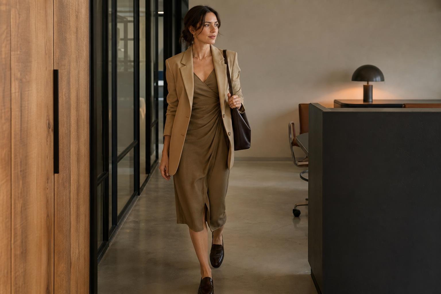 Woman wearing a polished midi dress with a structured blazer and leather loafers