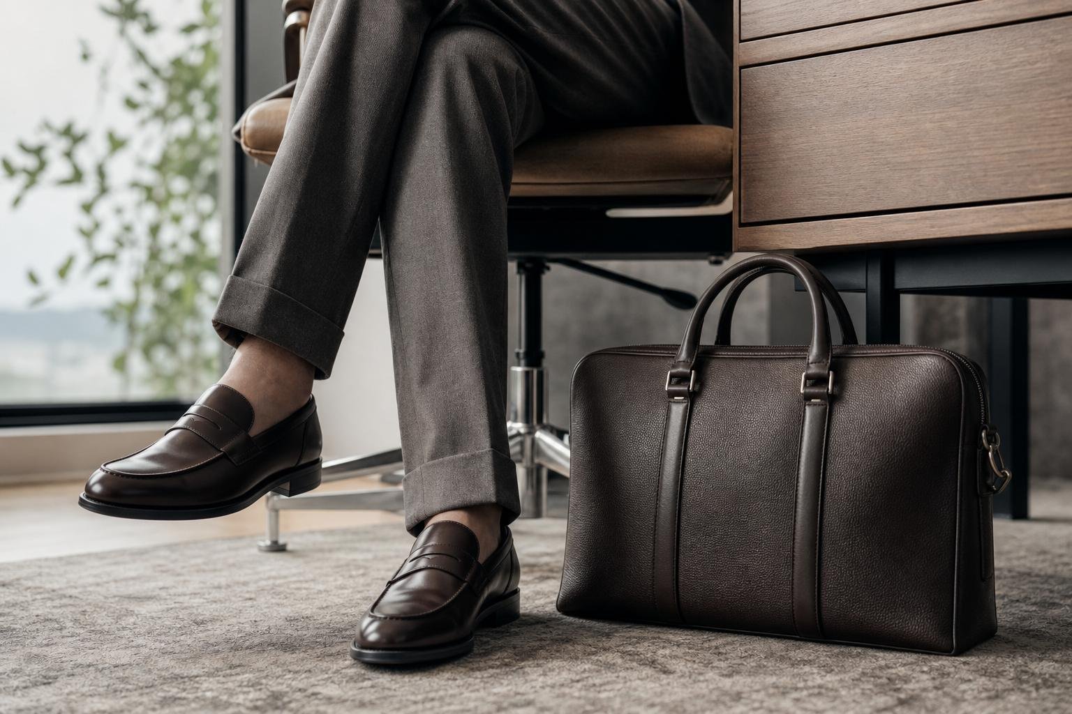 Close view of tailored trousers, polished loafers, and a structured leather work bag