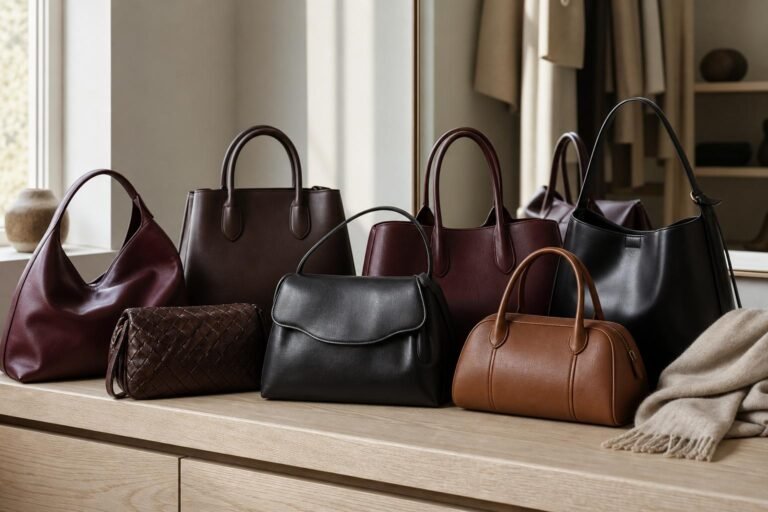 Curated collection of refined leather handbags arranged on a minimalist dressing room bench