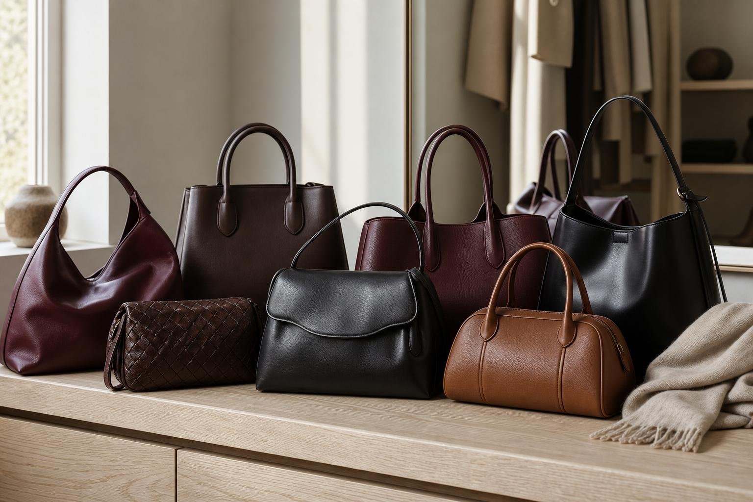 Curated collection of refined leather handbags arranged on a minimalist dressing room bench