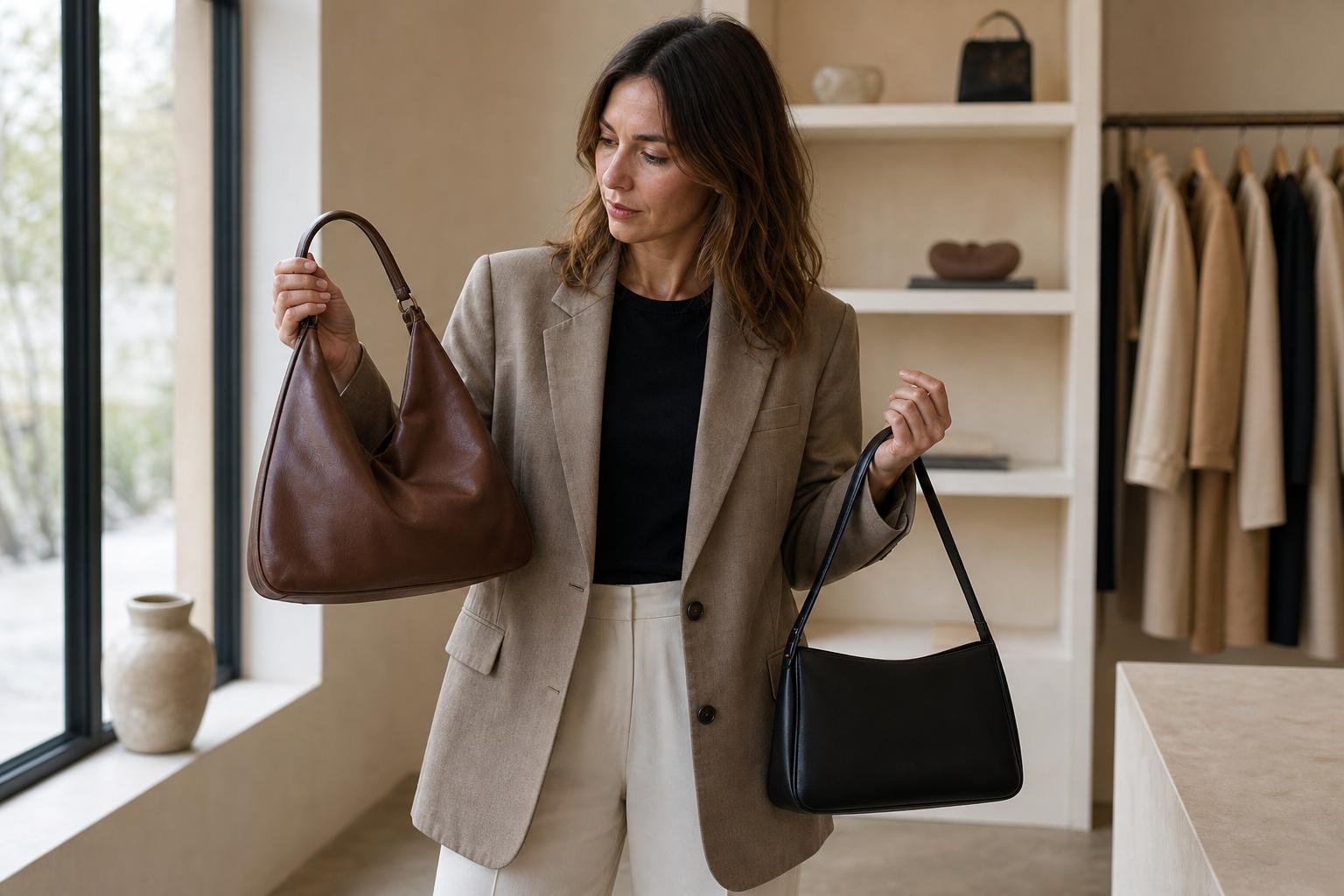 Woman comparing designer bags in a bright boutique, holding a structured leather shoulder bag