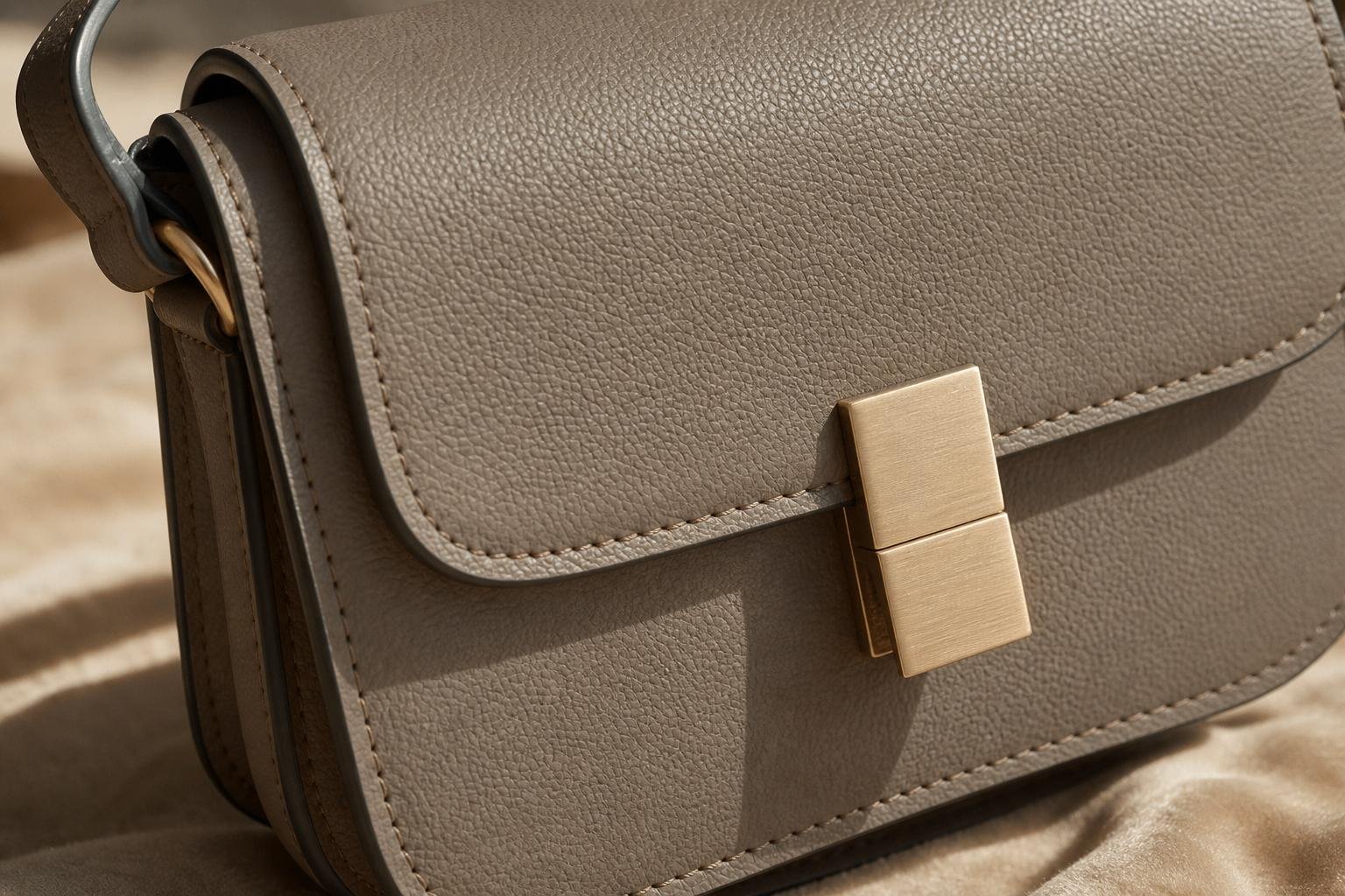 Close view of leather handbag craftsmanship with neat stitching, metal hardware, and textured grain