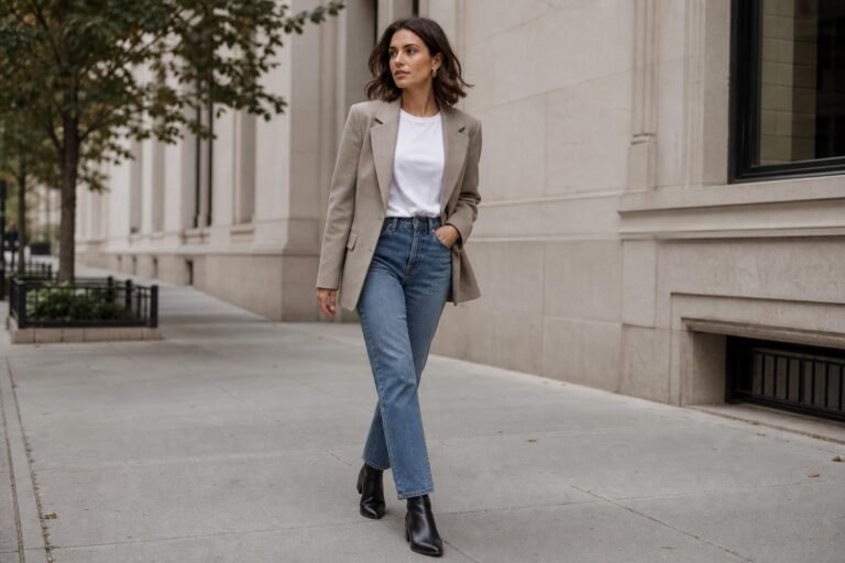 Woman in straight-leg jeans and black ankle boots walking on a city sidewalk
