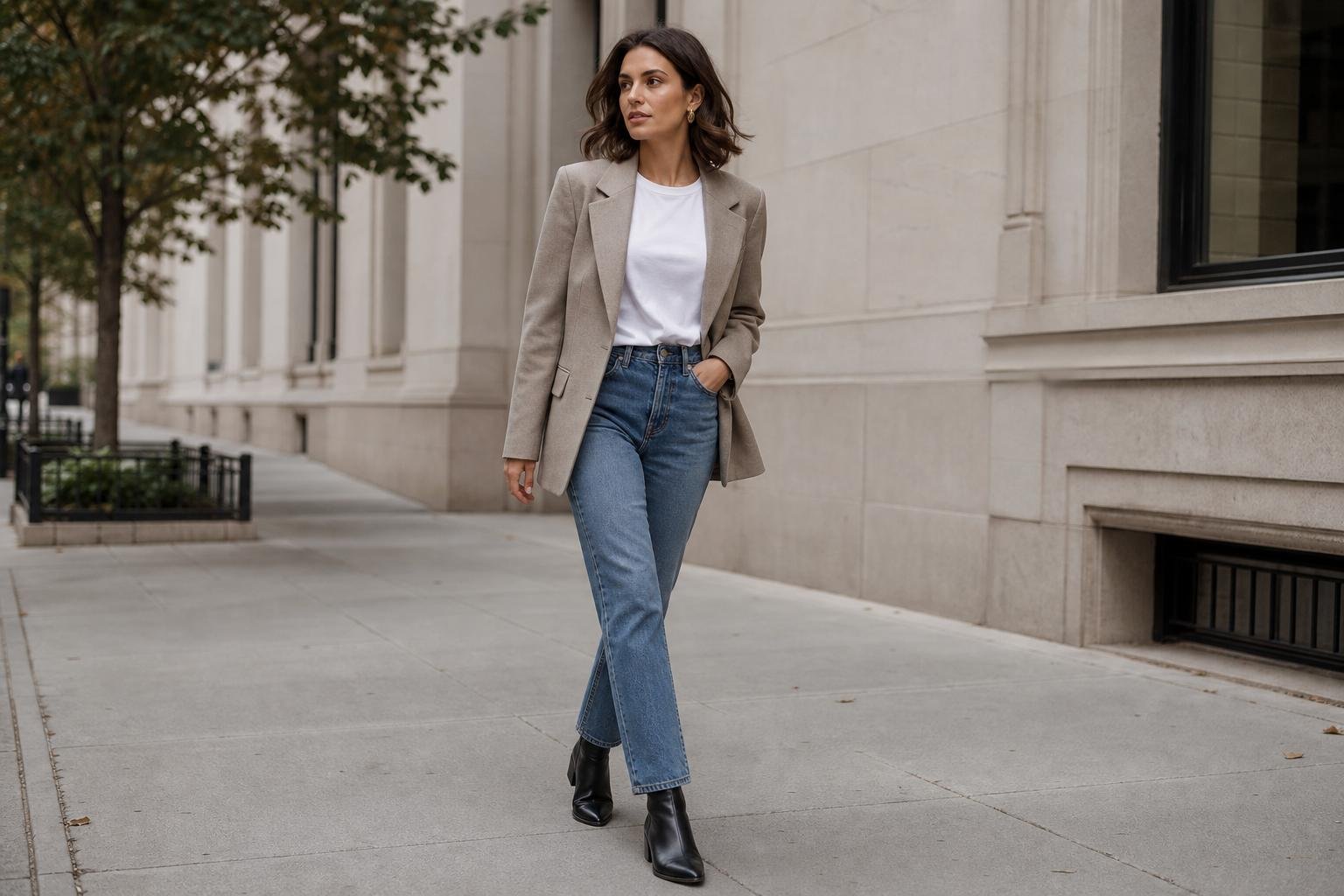 Woman in straight-leg jeans and black ankle boots walking on a city sidewalk