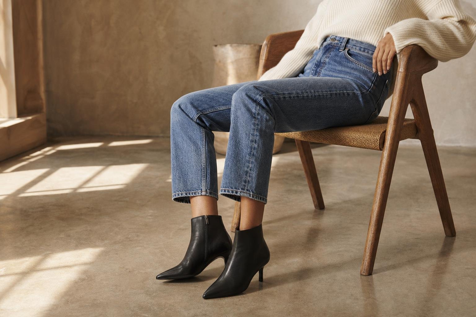Boots outfit ideas with jeans shown with cropped straight-leg denim and pointed black ankle boots
