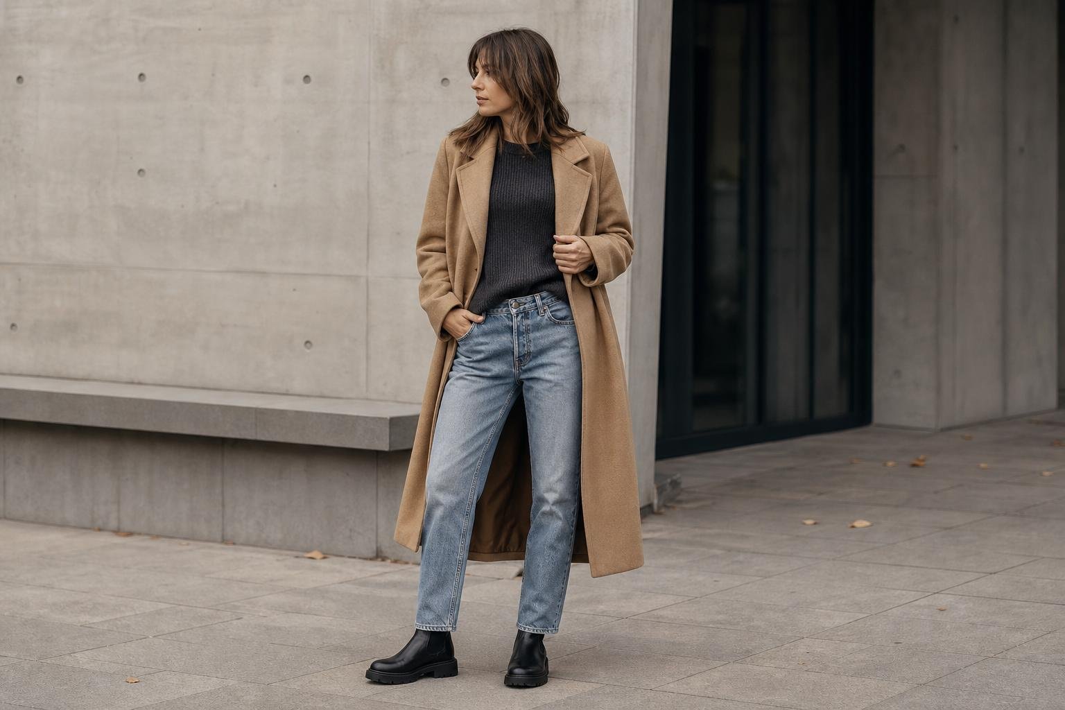 Relaxed jeans paired with black lug-sole Chelsea boots and a long wool coat