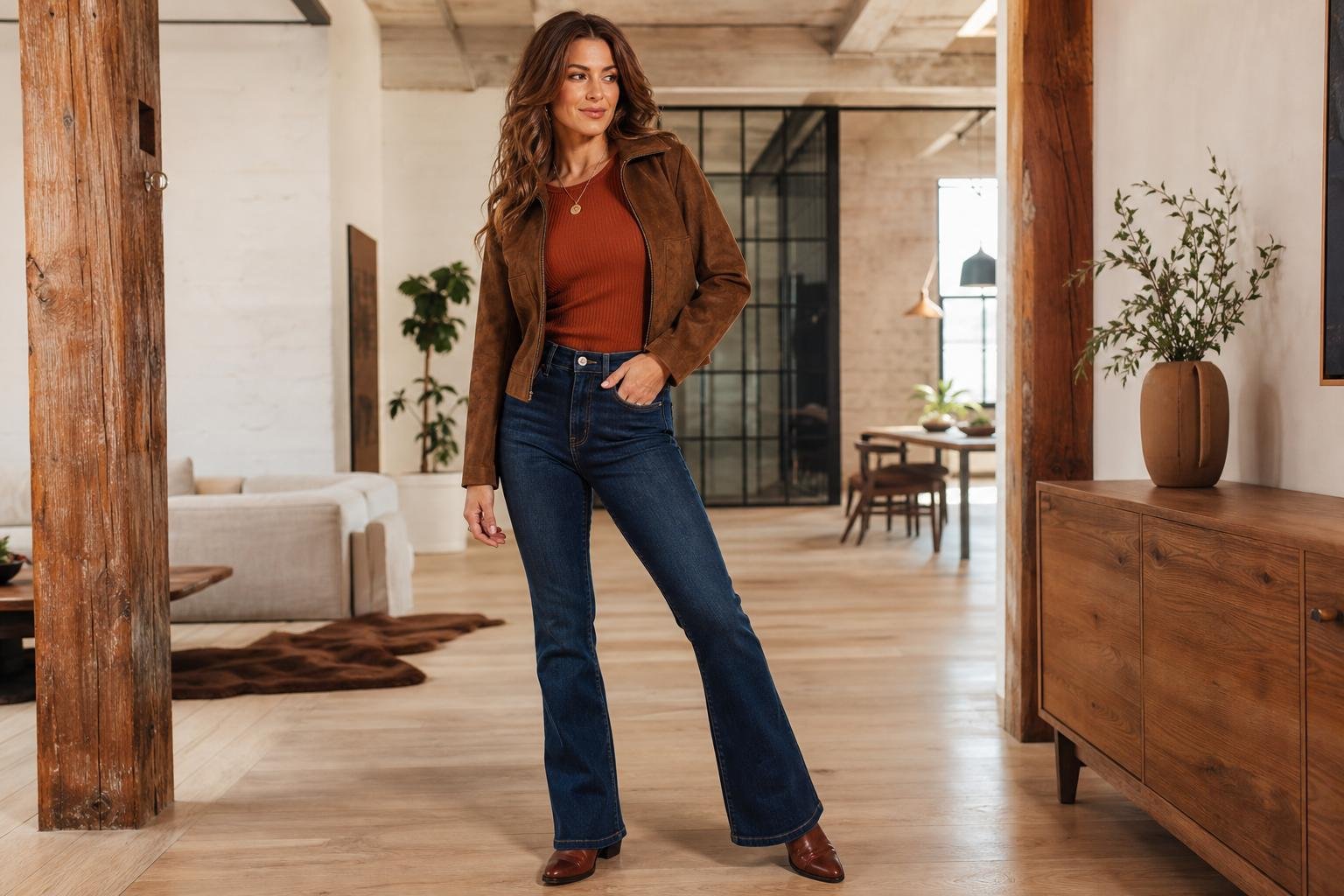 Brown western boots under dark bootcut jeans with a fitted knit top
