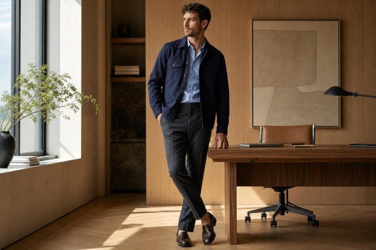 Well-dressed man in a navy overshirt, light shirt, tailored trousers, and loafers in a modern office