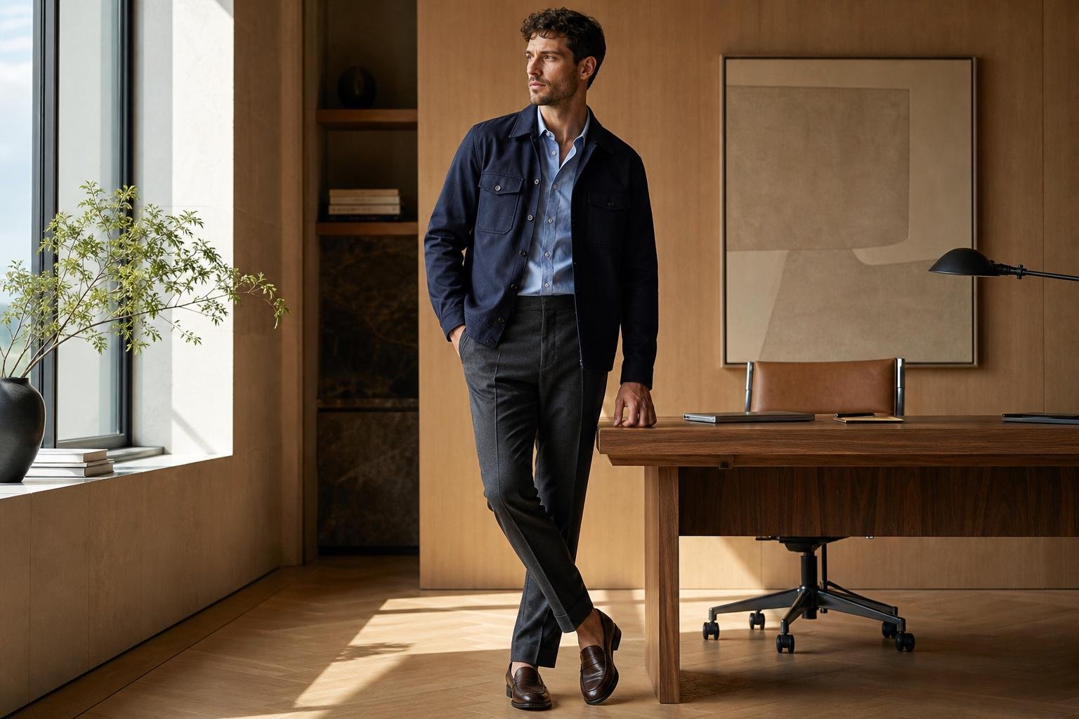 Well-dressed man in a navy overshirt, light shirt, tailored trousers, and loafers in a modern office