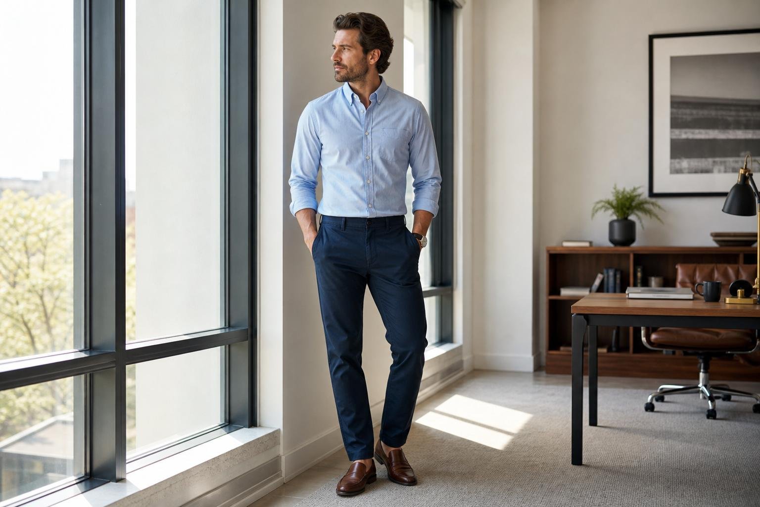 Business casual outfit ideas for men shown with an Oxford shirt, navy chinos, and brown loafers